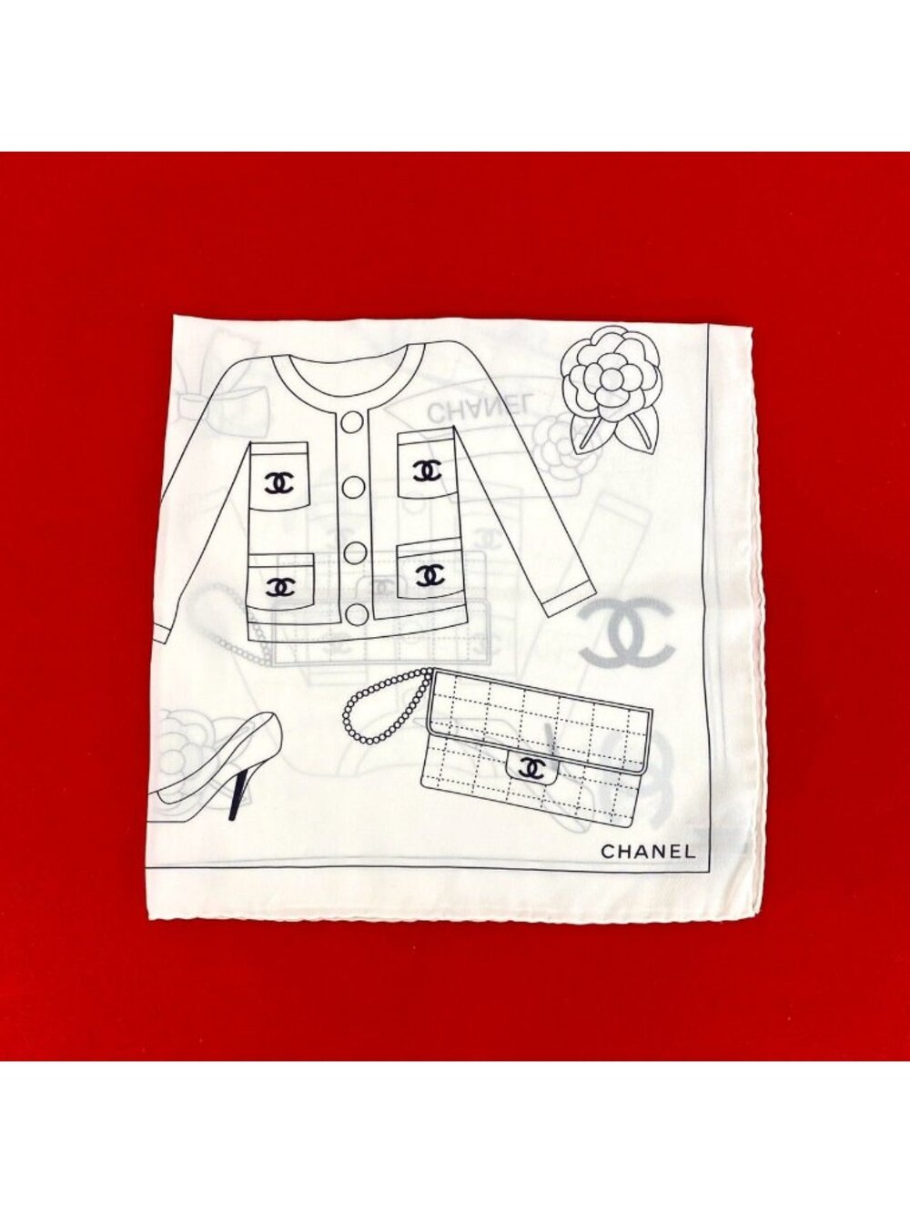 Chanel Logo Silk Scarf Icon Motif Pattern Bandana White
